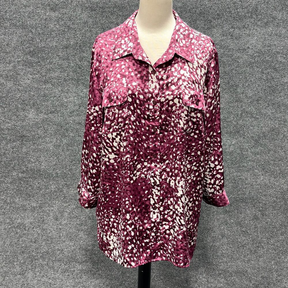 Notations Shirt Womens XL Purple Animal Print Satin Button Front Tunic Top
